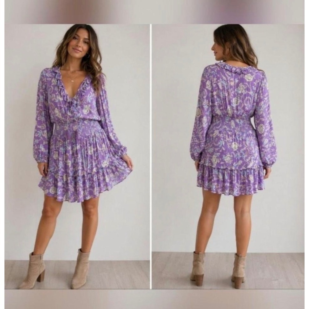 Haute Hippie Style Purple Floral Smocked Waist Ruffle Mini Dress Large Boho
